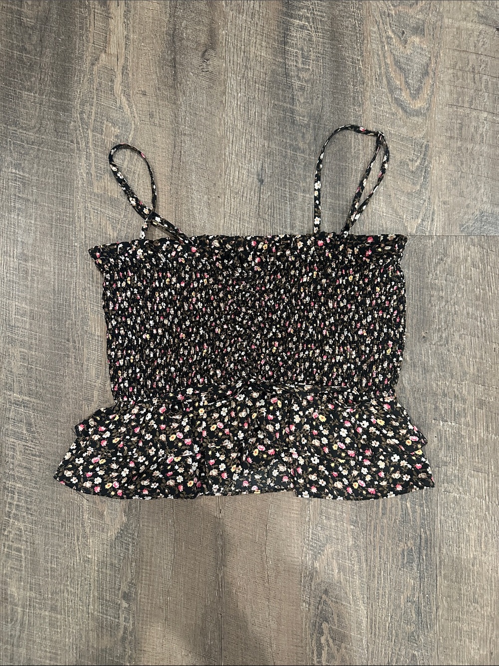 Black Floral Smocked Crop Cami Top